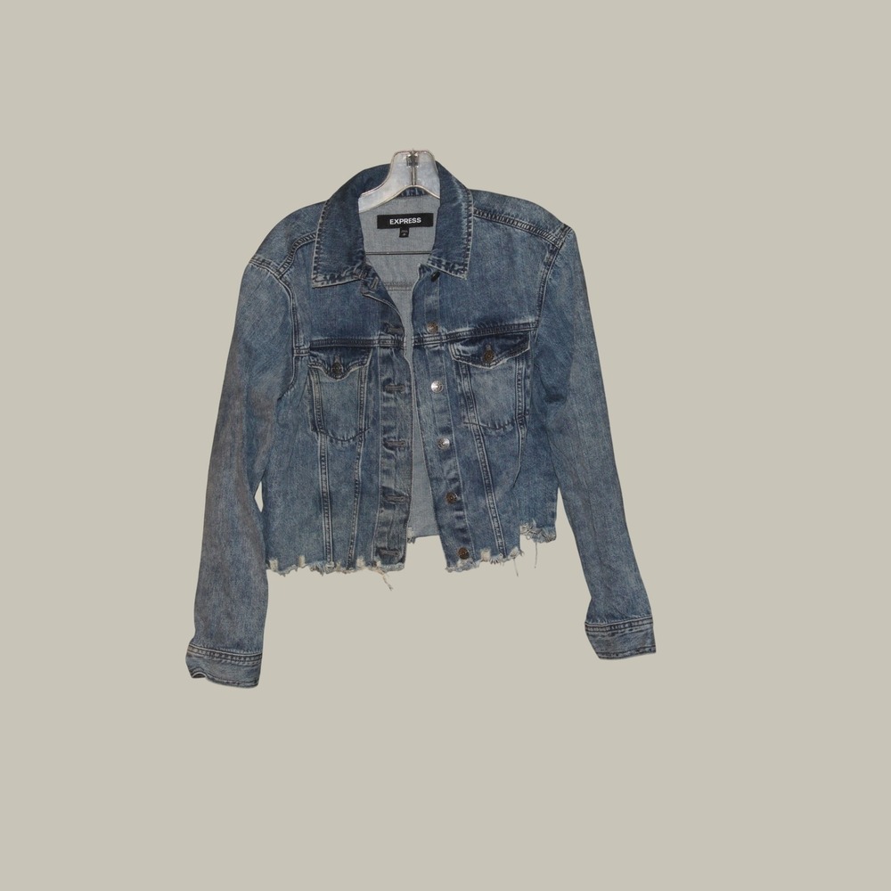 Express Womens Medium Wash Cropped Distressed Denim Trucker Jacket Size M
